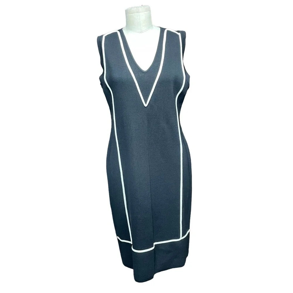 Misook Collection Black White Piped Knit Sheath Dress Size Medium